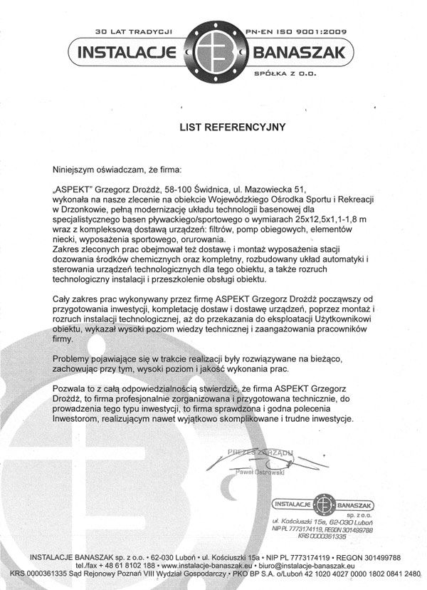 Referencje wystawione przez Wojewódzki Ośrodek Sporu i Rekreacji - Drzonkowo