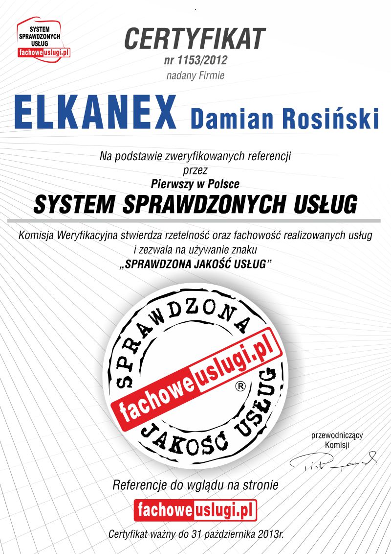 ELKANEX ma certyfikat wystawiony przez KJU