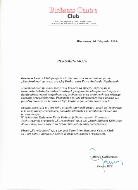 EUROBROKERS ma certyfikat wystawiony przez BCC