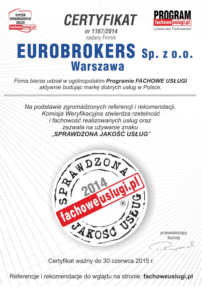 EUROBROKERS O/Warszawa ma certyfikat wystawiony przez KJU