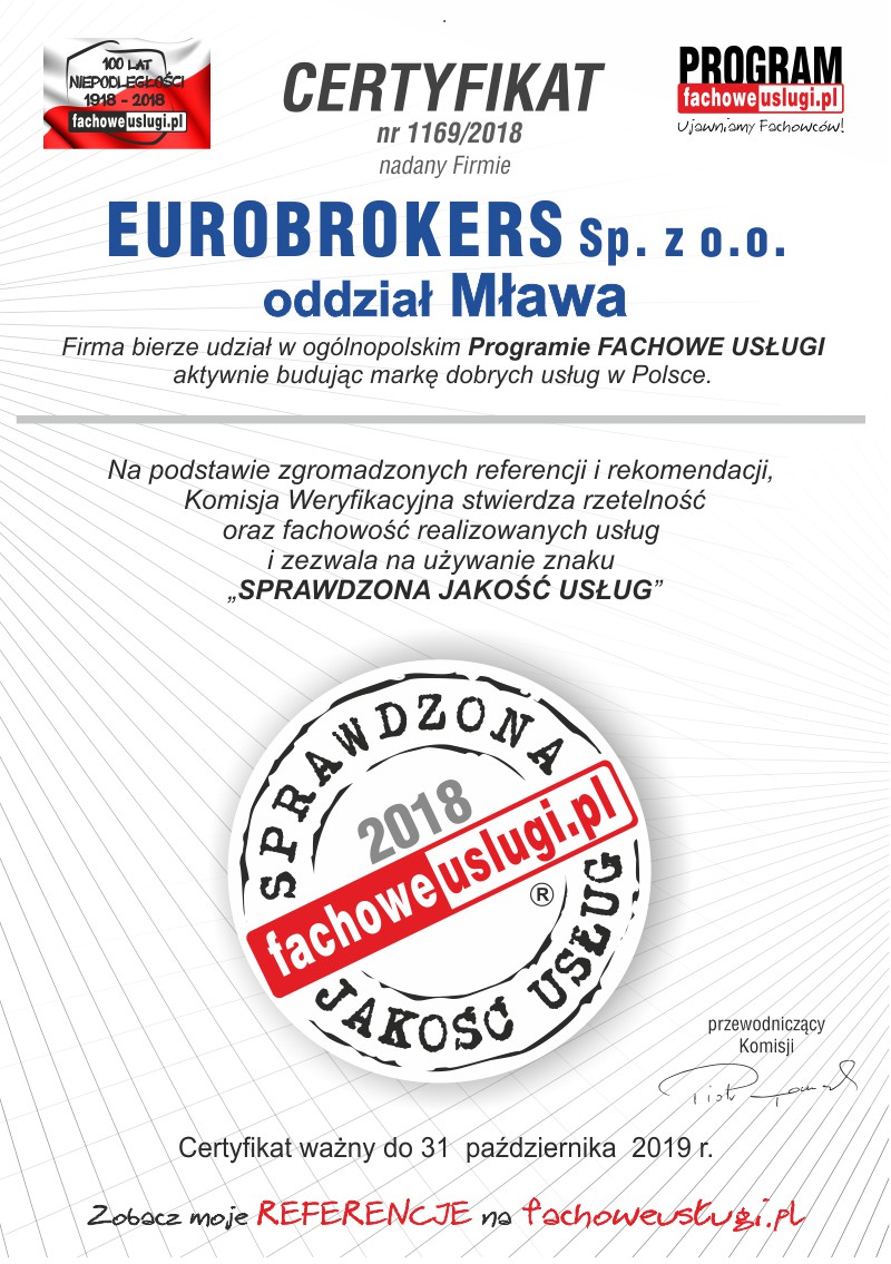 EUROBROKERS O/Mława ma certyfikat wystawiony przez KJU