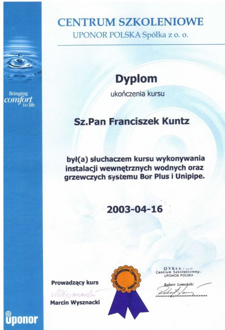 Instalacje wod-kan CO gaz ma certyfikat wystawiony przez Uponor Polska