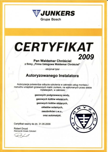 CHRÓŚCIEL WALDEMAR ma certyfikat wystawiony przez Junkers