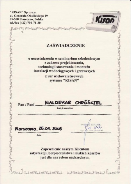 CHRÓŚCIEL WALDEMAR ma certyfikat wystawiony przez Kisan