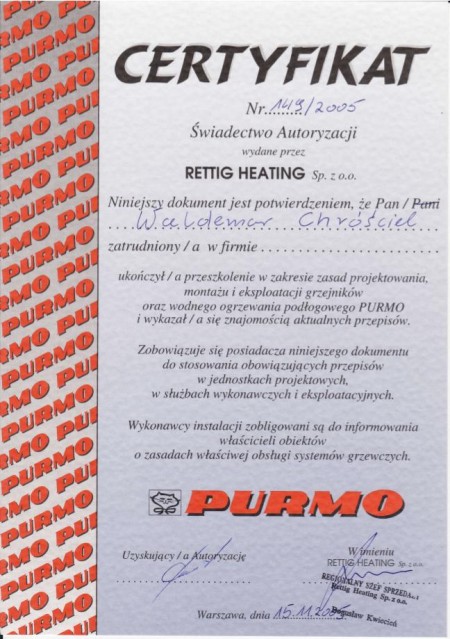 CHRÓŚCIEL WALDEMAR ma certyfikat wystawiony przez Purmo