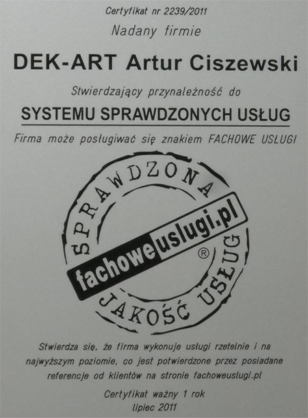 Firma Dekarska DEKART ma certyfikat wystawiony przez KJU