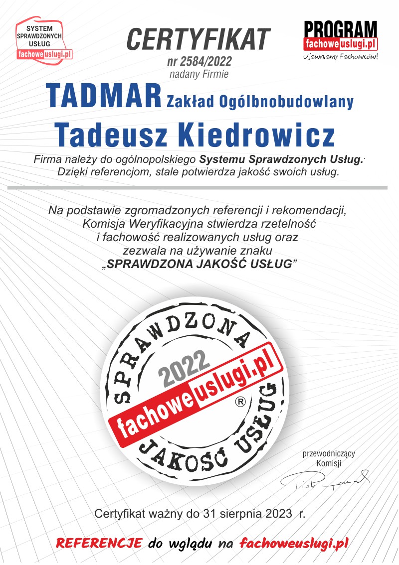 TADMAR ma certyfikat wystawiony przez KJU