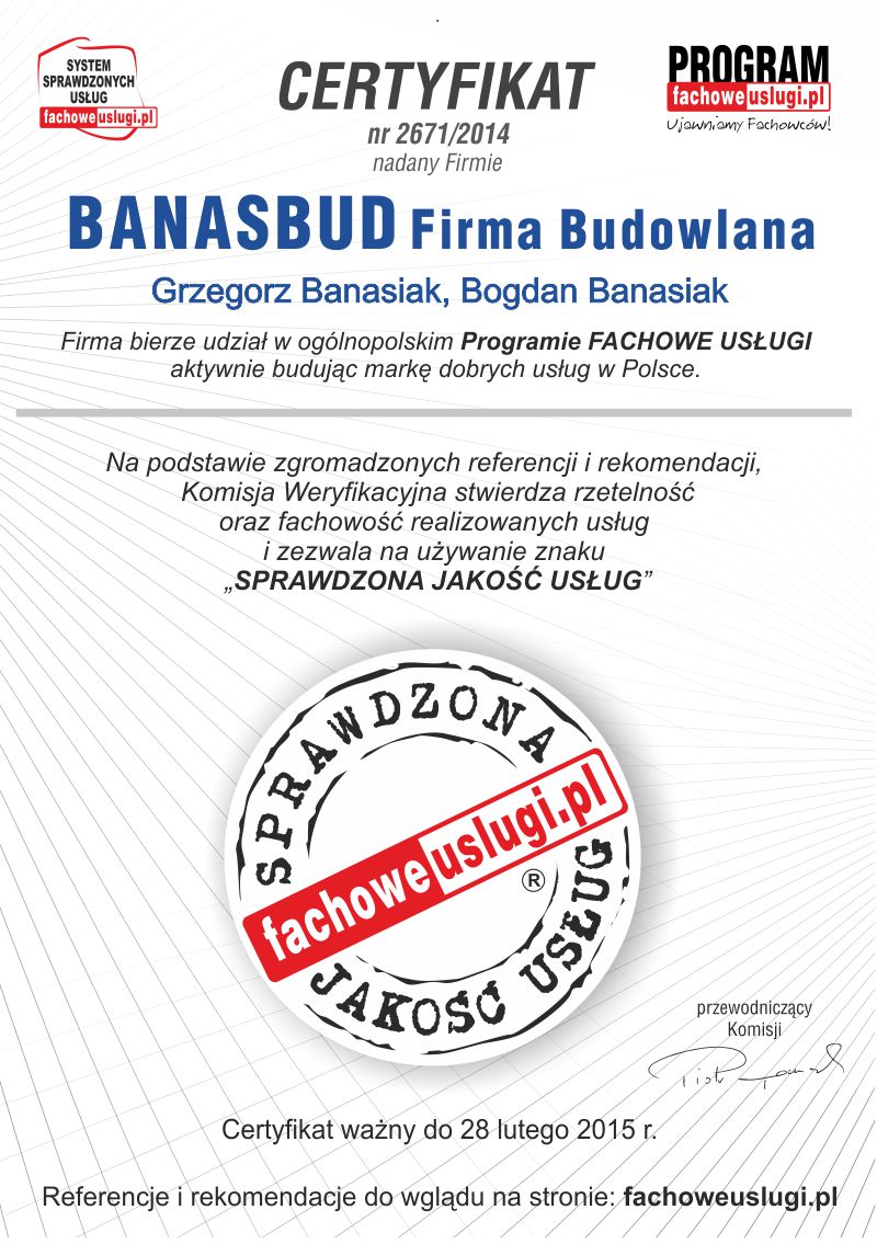 BANASBUD ma certyfikat wystawiony przez KJU