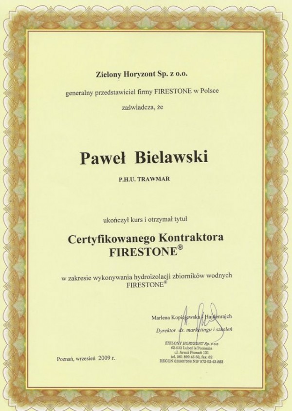 TRAWMAR ma certyfikat wystawiony przez Marlena Kopiewska-Hajdenrajch