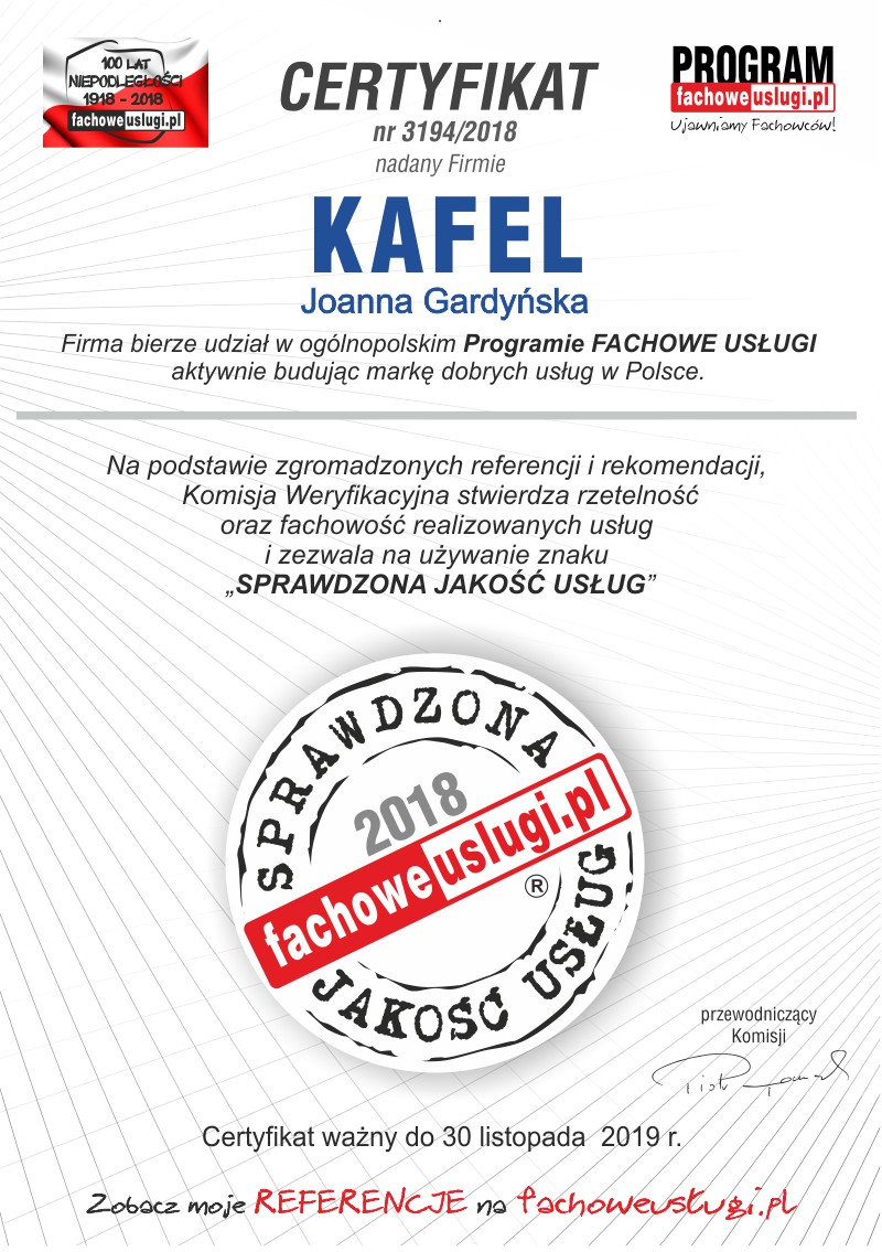 KAFEL ma certyfikat wystawiony przez KJU