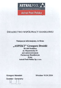 ASPEKT INWESTYCJE ma certyfikat wystawiony przez astrall pool polska