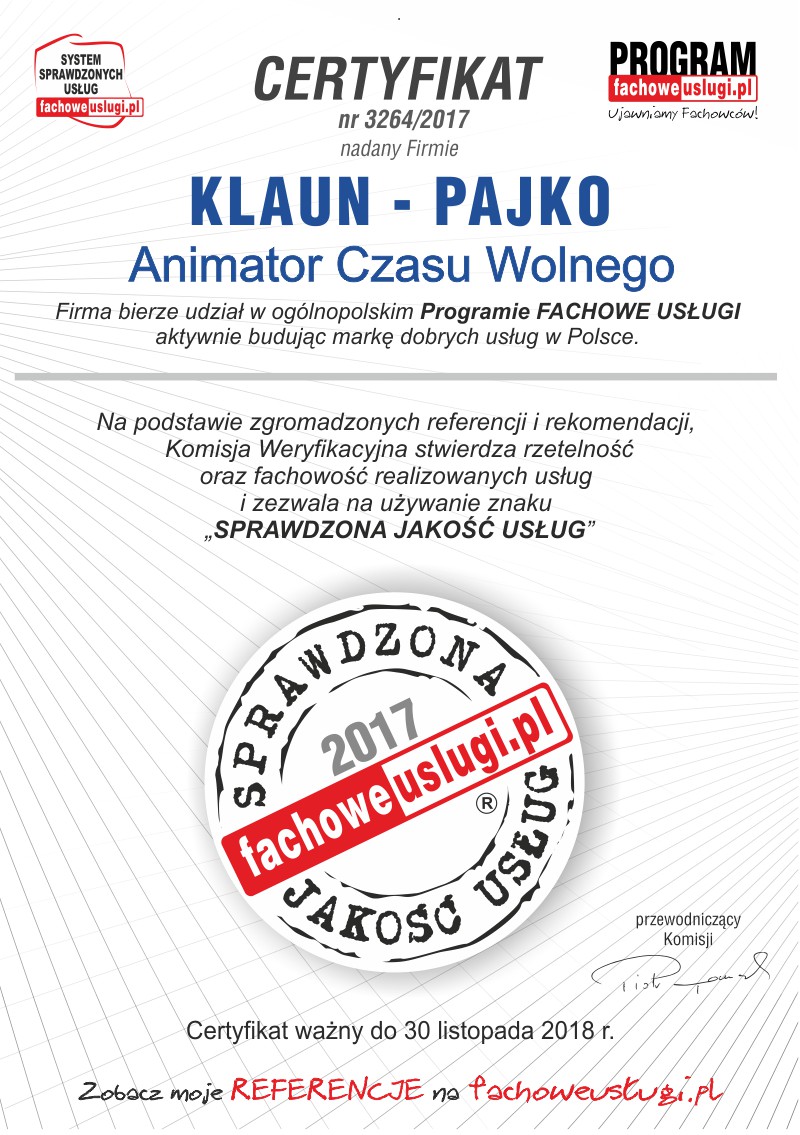KLAUN - PAJKO ma certyfikat wystawiony przez KJU