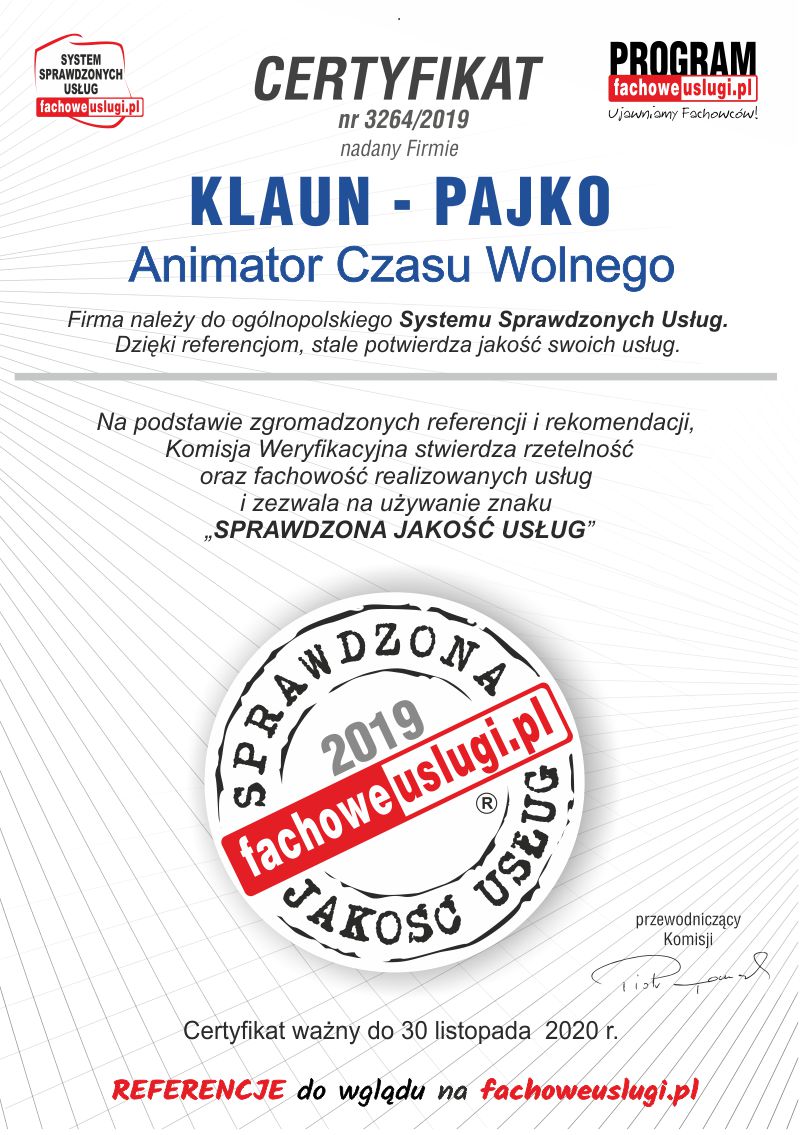KLAUN - PAJKO ma certyfikat wystawiony przez KJU
