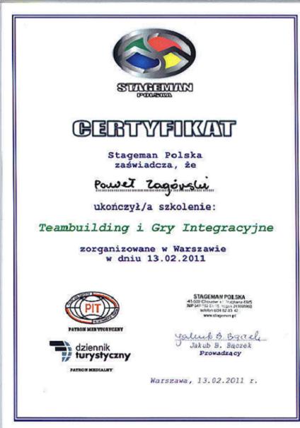 KLAUN - PAJKO ma certyfikat wystawiony przez Firma STAGEMAN POLSKA