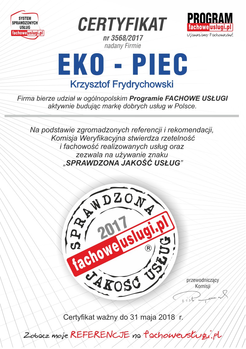 EKO-PIEC Systemy Grzewcze Krzysztof Frydrychowski ma certyfikat wystawiony przez KJU