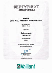 EKO-PIEC Systemy Grzewcze Krzysztof Frydrychowski ma certyfikat wystawiony przez Vaillant