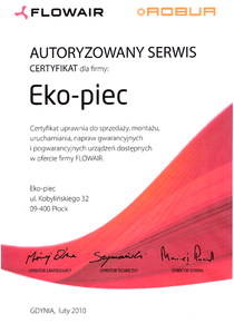 EKO-PIEC Systemy Grzewcze Krzysztof Frydrychowski ma certyfikat wystawiony przez Flowair