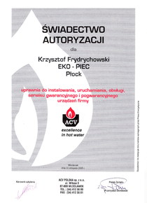 EKO-PIEC Systemy Grzewcze Krzysztof Frydrychowski ma certyfikat wystawiony przez ACV