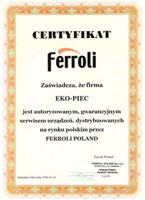 EKO-PIEC Systemy Grzewcze Krzysztof Frydrychowski ma certyfikat wystawiony przez Ferroli