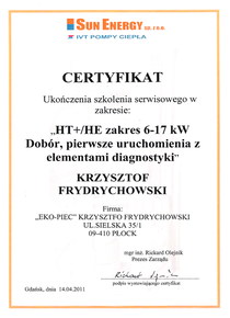 EKO-PIEC Systemy Grzewcze Krzysztof Frydrychowski ma certyfikat wystawiony przez Sun Energy - Pompy ciep