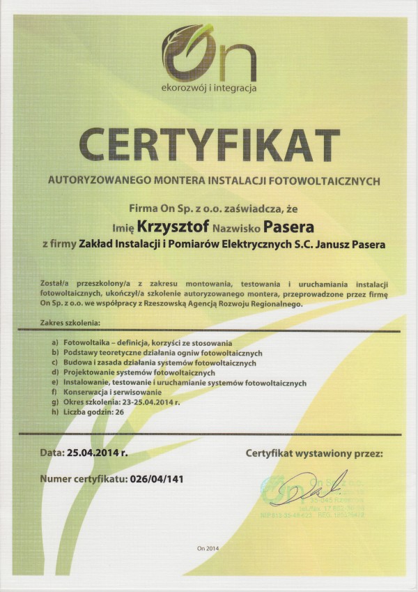 Z.I.i P.E. S.C ma certyfikat wystawiony przez Firma On Sp. z o.o.