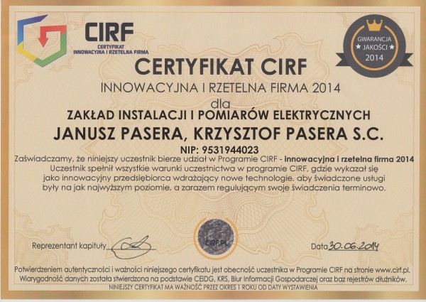 Z.I.i P.E. S.C ma certyfikat wystawiony przez CIRF