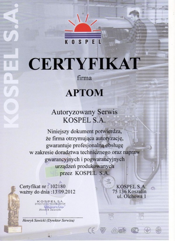 APTOM ma certyfikat wystawiony przez KOSPEL