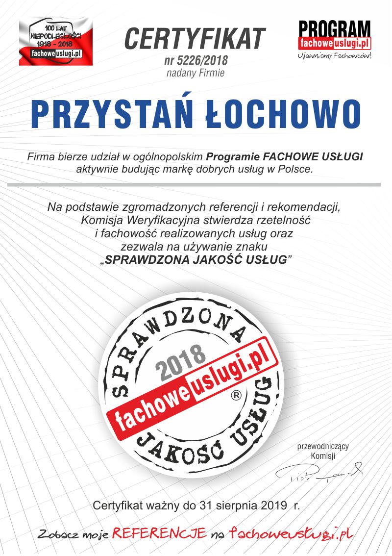 PRZYSTAŃ ŁOCHOWO ma certyfikat wystawiony przez KJU