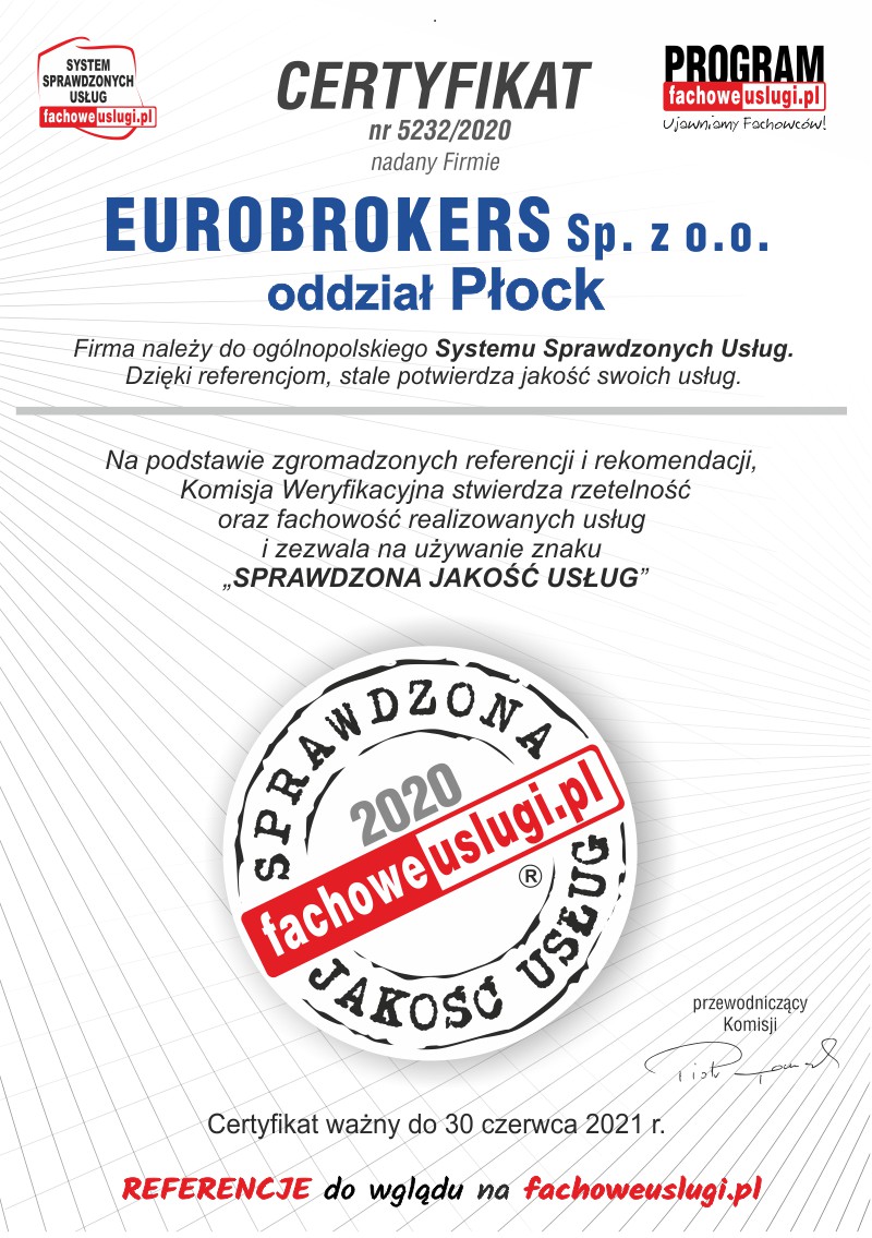 EUROBROKERS O/Płock ma certyfikat wystawiony przez KJU
