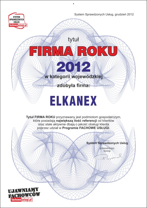ELKANEX ma certyfikat wystawiony przez FachoweUslugi.pl