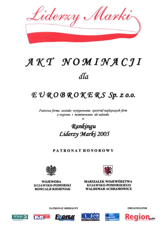 EUROBROKERS ma certyfikat wystawiony przez Liderzy Marki