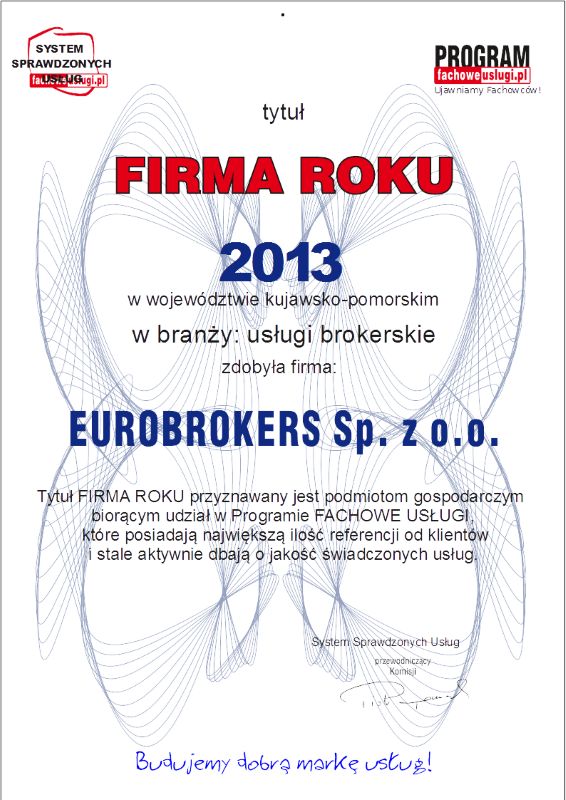 EUROBROKERS ma certyfikat wystawiony przez FachoweUslugi.pl