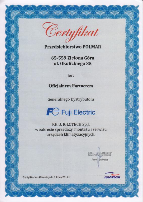 POLMAR ma certyfikat wystawiony przez FE Fuji Electric
