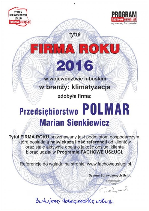 POLMAR ma certyfikat wystawiony przez Program FACHOWE USŁUGI