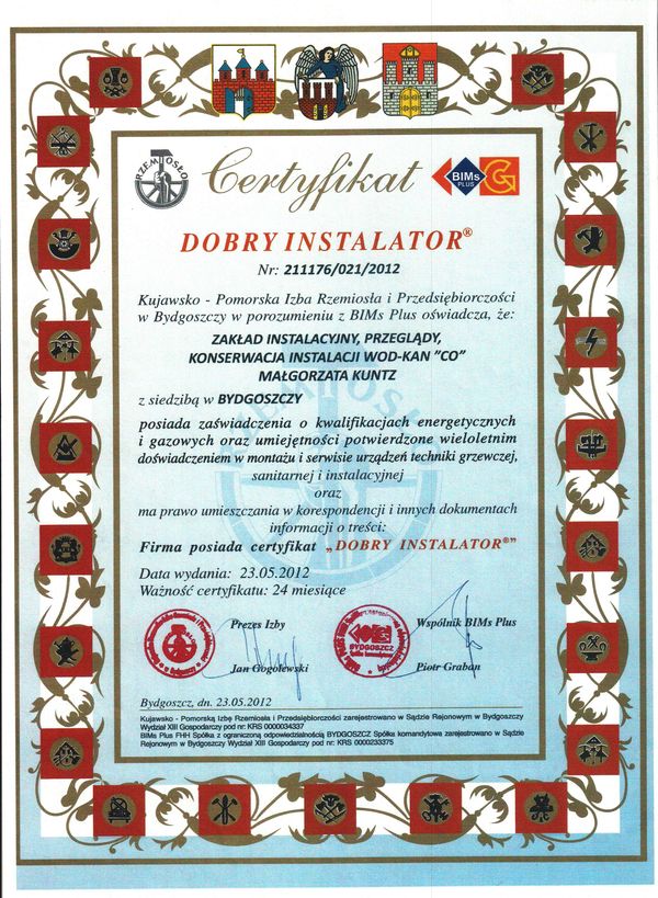 Instalacje wod-kan CO gaz ma certyfikat wystawiony przez Certyfikat - DOBRY INSTALATOR