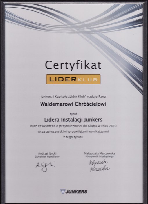 CHRÓŚCIEL WALDEMAR ma certyfikat wystawiony przez Junkers