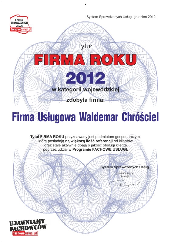 CHRÓŚCIEL WALDEMAR ma certyfikat wystawiony przez FachoweUslugi.pl