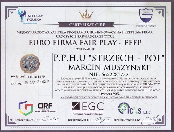 STRZECH - POL ma certyfikat wystawiony przez Certyfikat CIRF - EURO FIRMA FAIR PLAY - EFFP