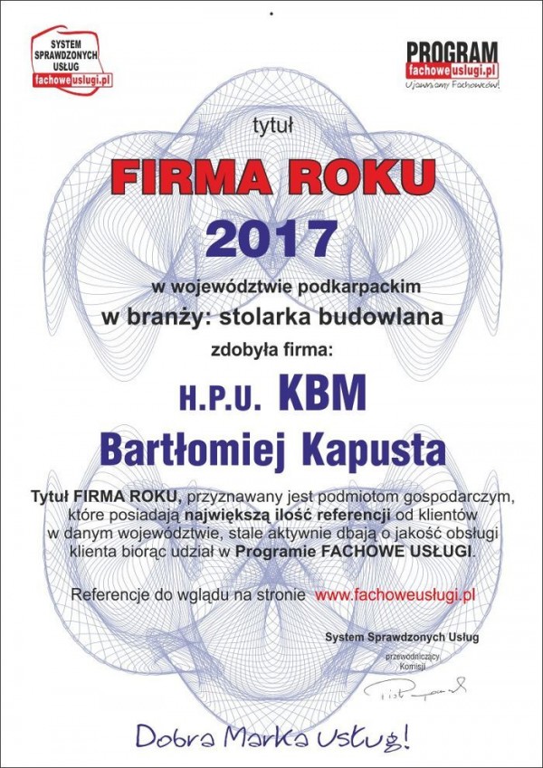 KBM ma certyfikat wystawiony przez Program FACHOWE USŁUGI