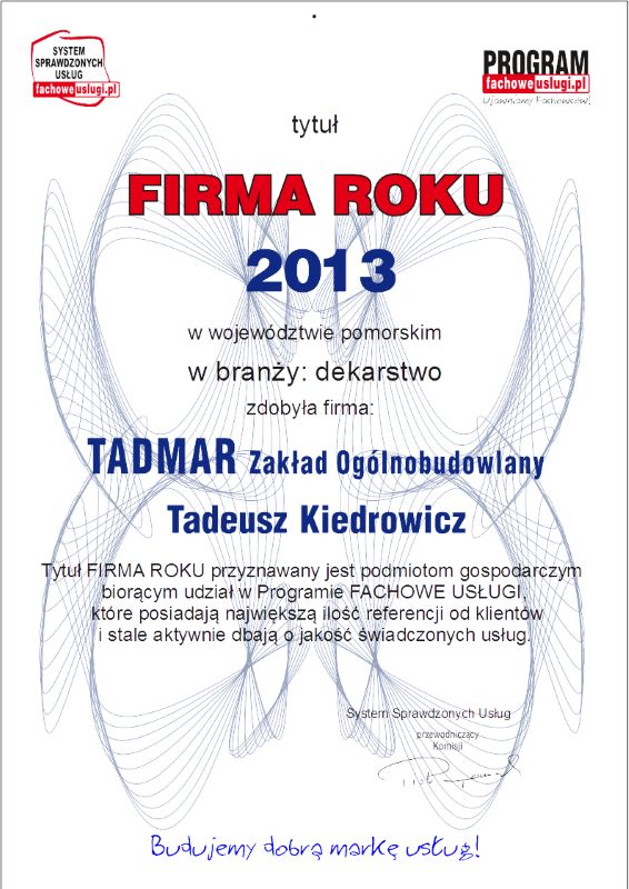 TADMAR ma certyfikat wystawiony przez FachoweUslugi.pl