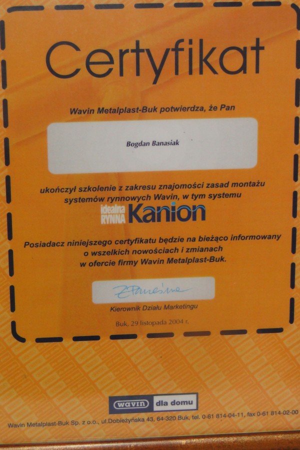 BANASBUD ma certyfikat wystawiony przez Certyfikat - Wavin Metalplast-Buk