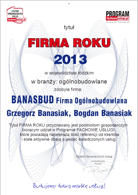 BANASBUD ma certyfikat wystawiony przez FachoweUslugi.pl