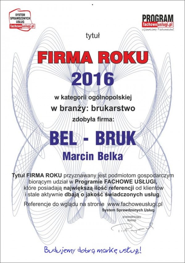 BEL-BRUK ma certyfikat wystawiony przez Program FACHOWE USŁUGI