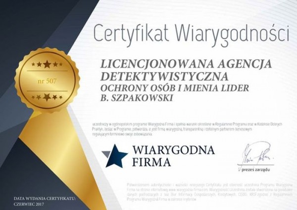 LIDER ma certyfikat wystawiony przez Certyfikat WIARYGODNA FIRMA