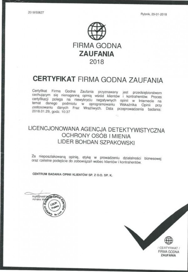 LIDER ma certyfikat wystawiony przez FIRMA GODNA ZAUFANIA 2018