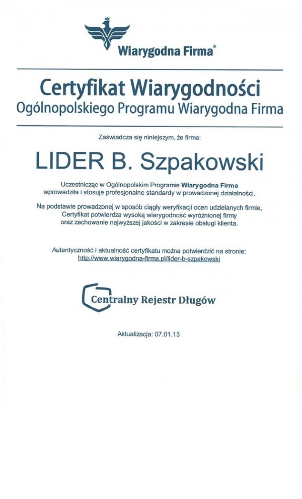 LIDER ma certyfikat wystawiony przez Certyfikat Wiarygodności