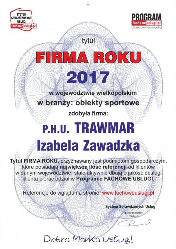 TRAWMAR ma certyfikat wystawiony przez Program FACHOWE USŁUGI