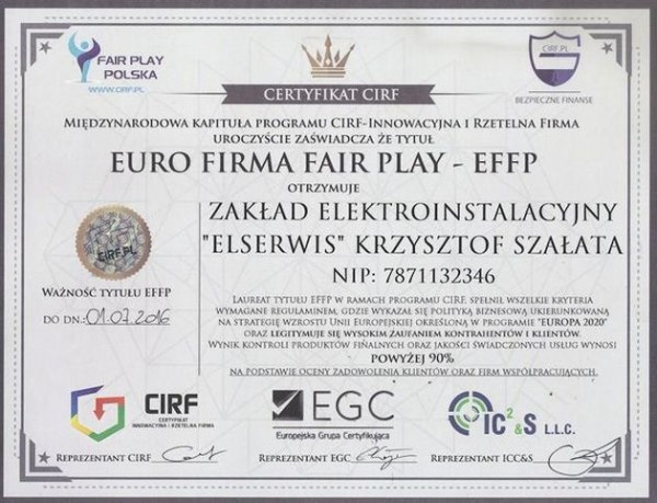 ELSERWIS ma certyfikat wystawiony przez EURO FIRMA FAIR PLAY - EFFP.