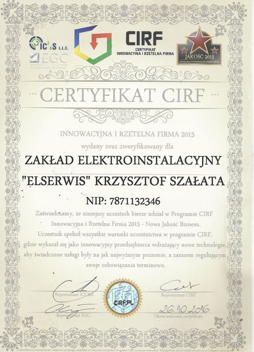 ELSERWIS ma certyfikat wystawiony przez INNOWACYJNA I RZETELNA FIRMA 2015