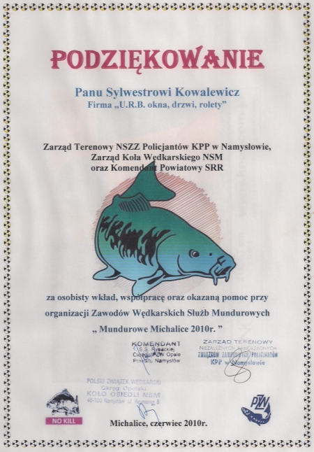U.R.B. OKNA-DRZWI-ROLETY ma certyfikat wystawiony przez Mundurowe Michalice 2010r